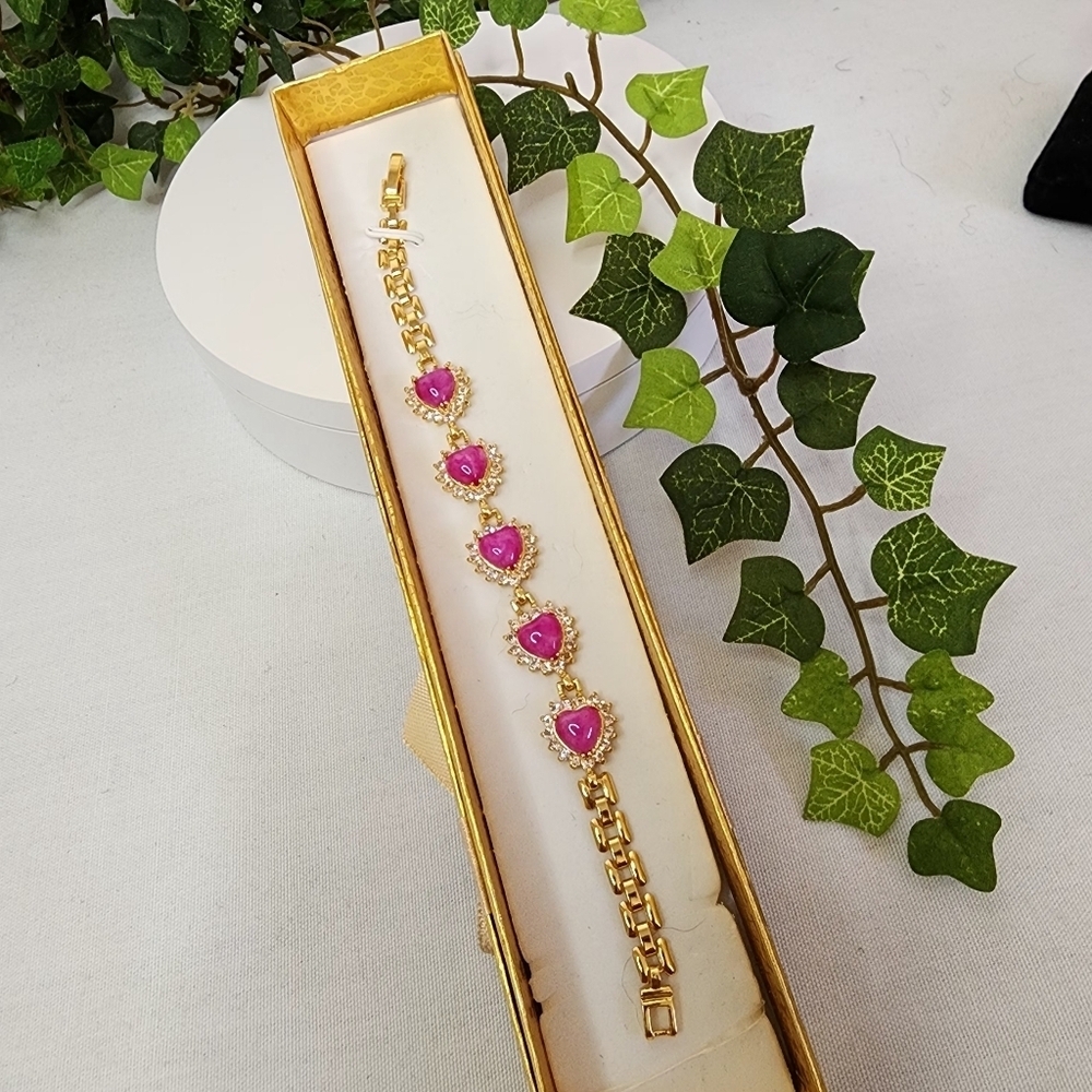 Gold with Pink Jade Hearts Bracelet